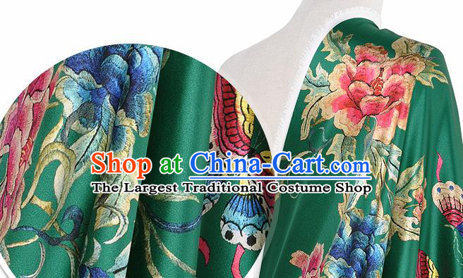 Chinese Classical Peony Pattern Design Green Silk Fabric Asian Traditional Hanfu Mulberry Silk Material