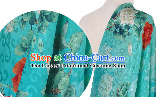 Chinese Classical Hibiscus Pattern Design Blue Silk Fabric Asian Traditional Hanfu Mulberry Silk Material