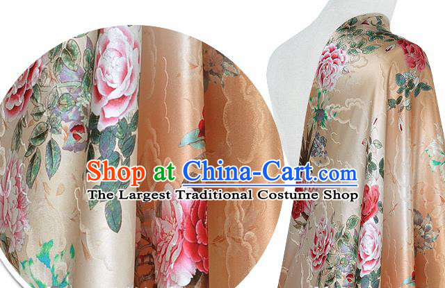 Chinese Classical Cloud Peony Pattern Design Beige Silk Fabric Asian Traditional Hanfu Mulberry Silk Material