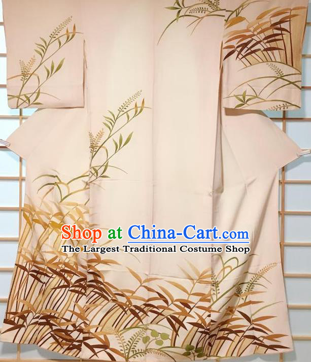 Japanese Traditional Printing Bamboo Leaf Beige Kimono Japan Yukata Dress Costume for Women
