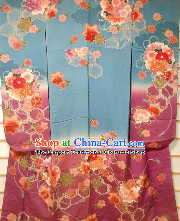 Japanese Traditional Printing Chrysanthemum Blue Furisode Kimono Japan Yukata Dress Costume for Women