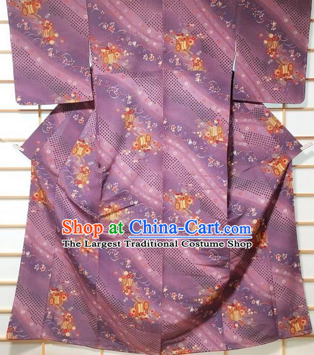 Japanese Traditional Printing Purple Furisode Kimono Japan Yukata Dress Costume for Women