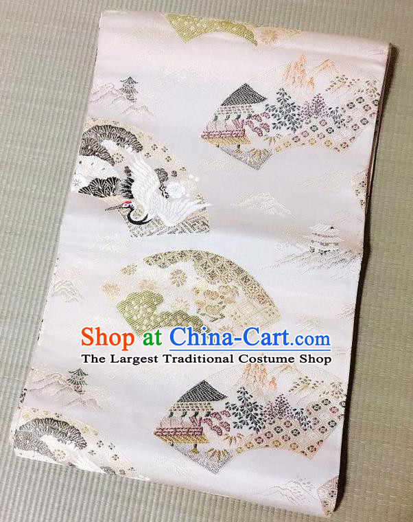 Japanese Traditional Crane Pattern White Brocade Waistband Japan Kimono Yukata Belt for Women