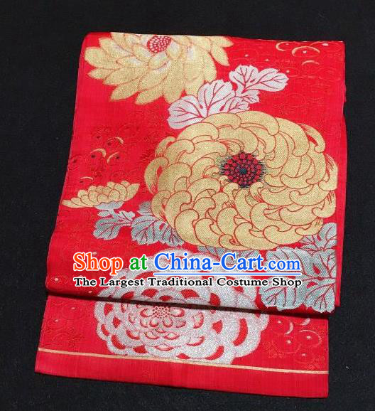 Japanese Traditional Chrysanthemum Pattern Red Waistband Japan Kimono Yukata Belt for Women