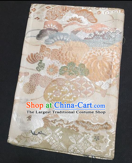 Japanese Traditional Chrysanthemum Crane Pattern Beige Brocade Waistband Japan Kimono Yukata Belt for Women