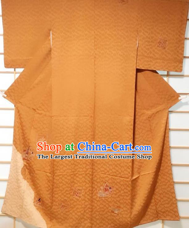 Japanese Traditional Orange Furisode Kimono Japan Yukata Dress Costume for Women