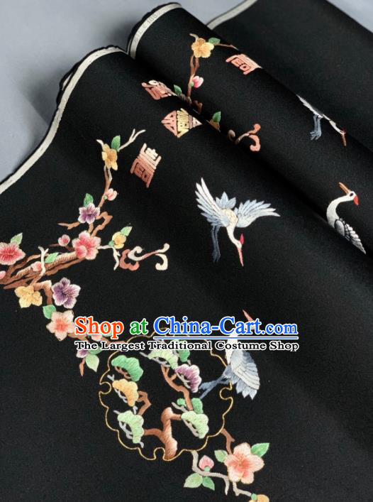 Chinese Classical Embroidered Crane Pattern Design Black Silk Fabric Asian Traditional Hanfu Brocade Material