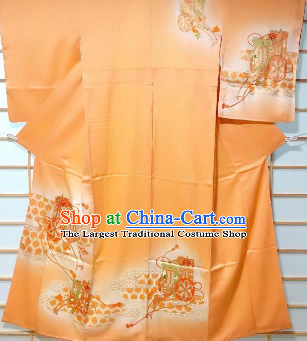 Traditional Japanese Printing Wheel Orange Furisode Kimono Japan Yukata Dress Costume for Women