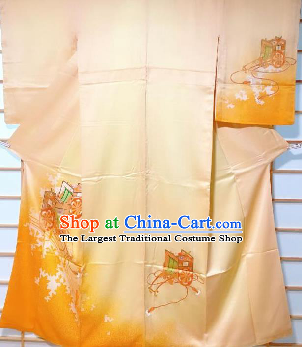 Traditional Japanese Printing Maple Leaf Yellow Furisode Kimono Japan Yukata Dress Costume for Women