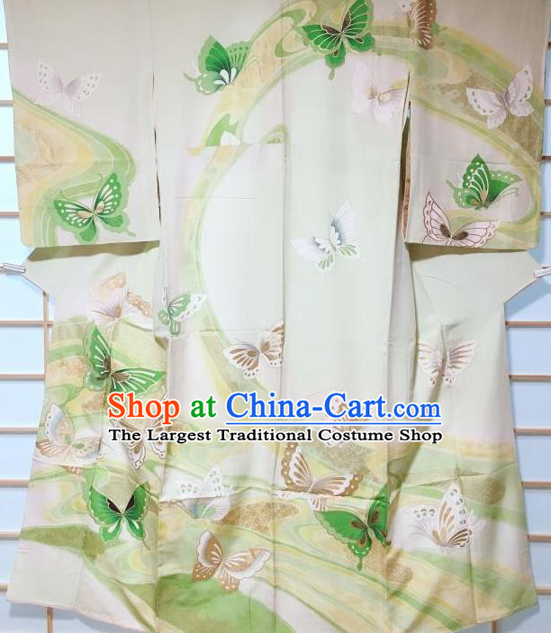 Traditional Japanese Printing Butterfly Light Green Furisode Kimono Japan Yukata Dress Costume for Women