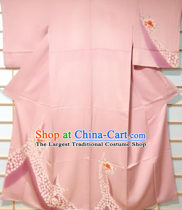 Traditional Japanese Printing Camellia Pink Furisode Kimono Japan Yukata Dress Costume for Women