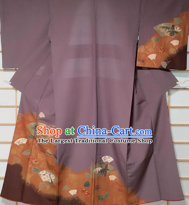 Traditional Japanese Classical Fans Pattern Purple Kimono Japan Yukata Dress Costume for Women