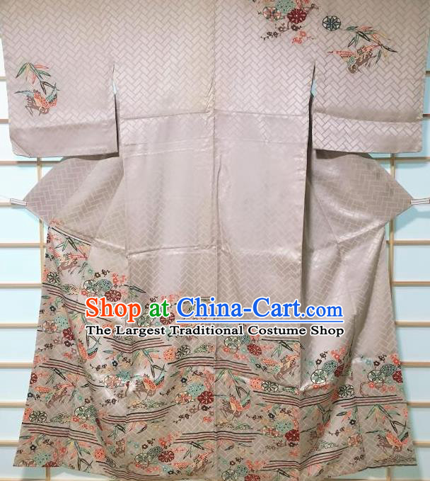 Traditional Japanese Classical Plum Birds Pattern Grey Kimono Japan Yukata Dress Costume for Women