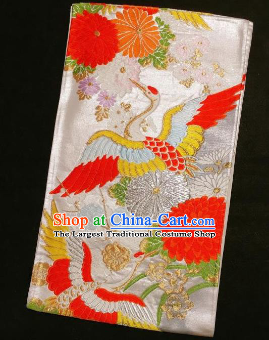 Japanese Traditional Embroidered Crane Chrysanthemum White Brocade Waistband Japan Kimono Yukata Belt for Women