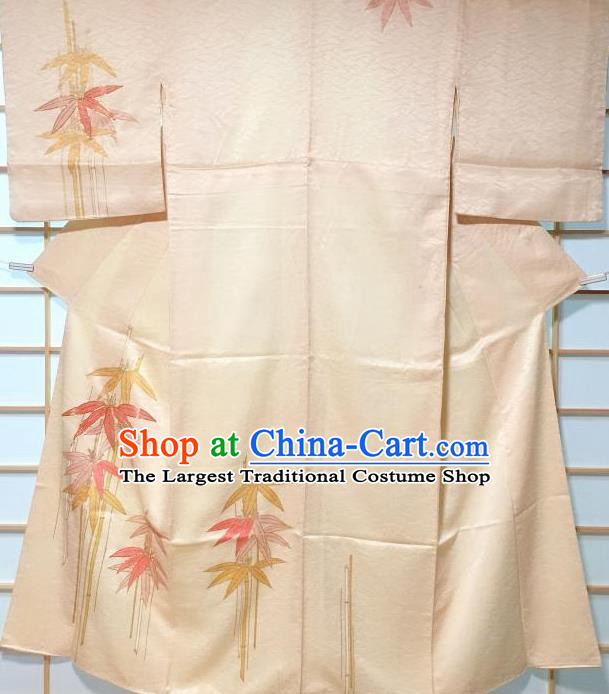 Traditional Japanese Classical Bamboo Pattern Beige Furisode Kimono Japan Yukata Dress Costume for Women