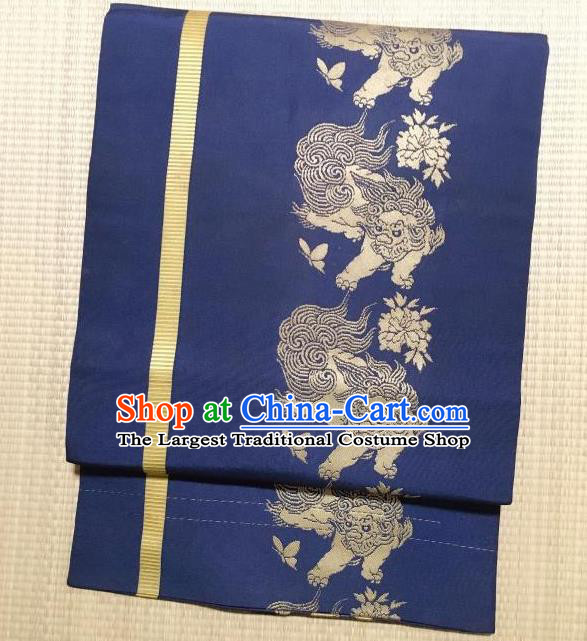 Japanese Traditional Embroidered Lion Blue Brocade Waistband Japan Kimono Yukata Belt for Women