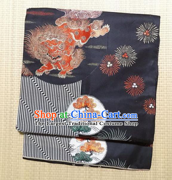 Japanese Traditional Embroidered Pine Lion Black Brocade Waistband Japan Kimono Yukata Belt for Women