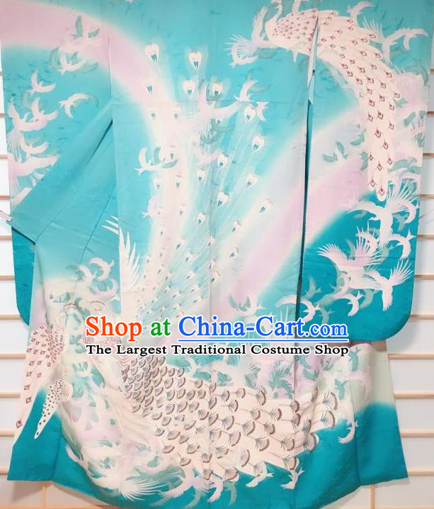 Traditional Japanese Geisha Peacock Pattern Blue Furisode Kimono Japan Yukata Dress Costume for Women