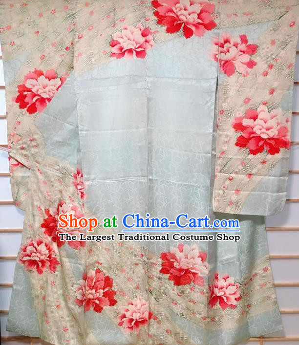 Traditional Japanese Geisha Peony Pattern Light Blue Furisode Kimono Japan Yukata Dress Costume for Women