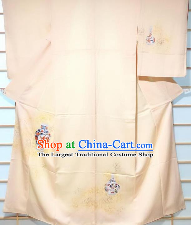 Japanese Traditional Painting Vase Pattern Beige Tsukesage Kimono Japan Yukata Dress Costume for Women
