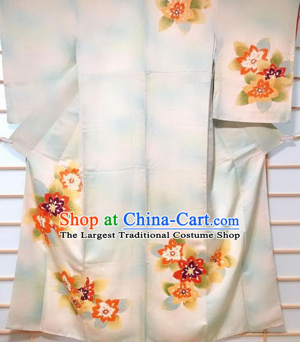 Japanese Traditional Flowers Pattern Light Blue Silk Tsukesage Kimono Japan Yukata Dress Costume for Women