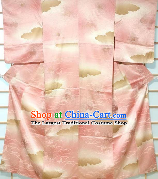 Japanese Classical Butterfly Pattern Pink Silk Kimono Japan Traditional Yukata Dress Costume for Women