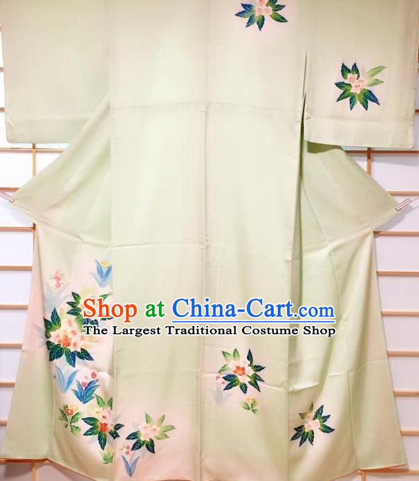 Japanese Classical Printing Flowers Light Green Silk Tsukesage Kimono Japan Traditional Yukata Dress Costume for Women