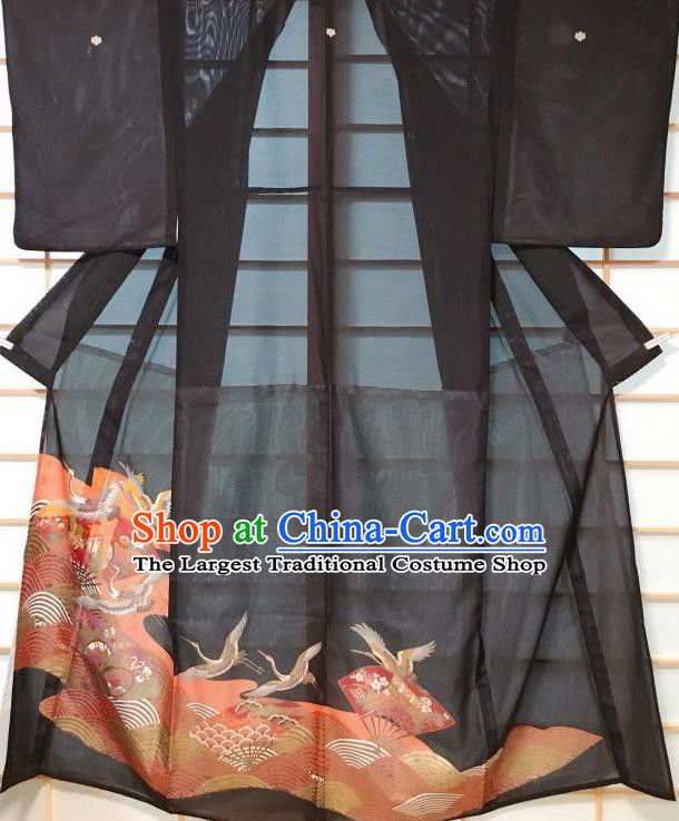 Japanese Classical Printing Crane Fan Black Kurotomesode Kimono Japan Traditional Yukata Dress Costume for Women