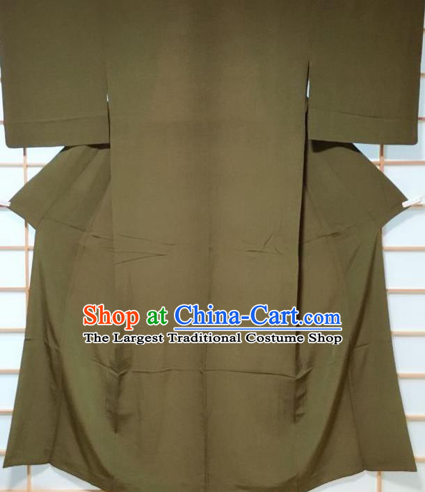 Japanese Traditional Pattern Olive Green Silk Iromuji Kimono Japan Yukata Dress Costume for Women