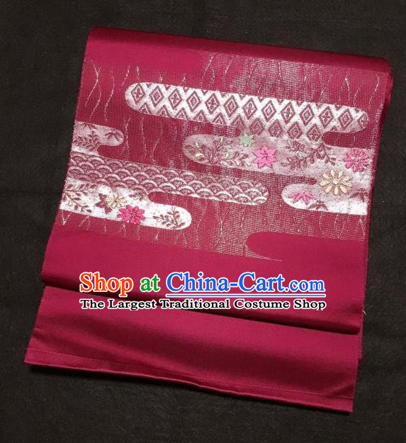 Japanese Nagoya Traditional Embroidered Wine Red Brocade Waistband Japan Kimono Yukata Belt for Women