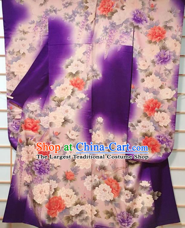 Japanese Traditional Peony Pattern Purple Furisode Kimono Japan Yukata Dress Costume for Women