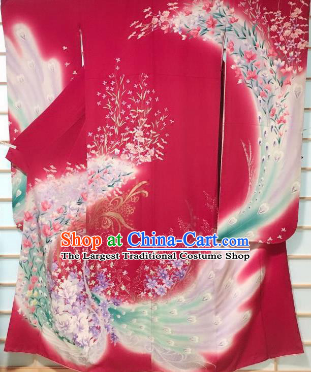 Japanese Traditional Peacock Pattern Wine Red Silk Furisode Kimono Japan Yukata Dress Costume for Women