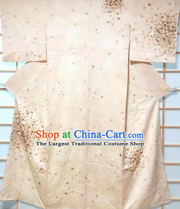 Japanese Traditional Leaf Pattern Beige Silk Tsukesage Kimono Japan Yukata Dress Costume for Women