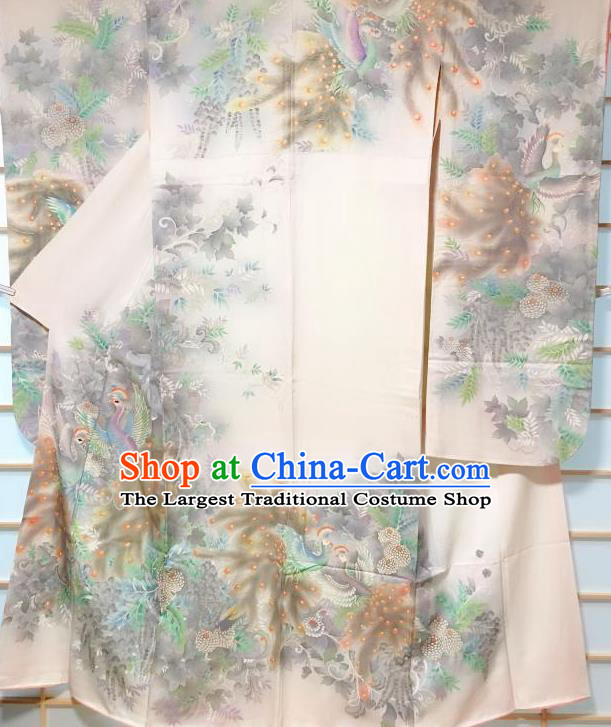 Japanese Classical Printing Peacock White Furisode Kimono Japan Traditional Yukata Dress Costume for Women