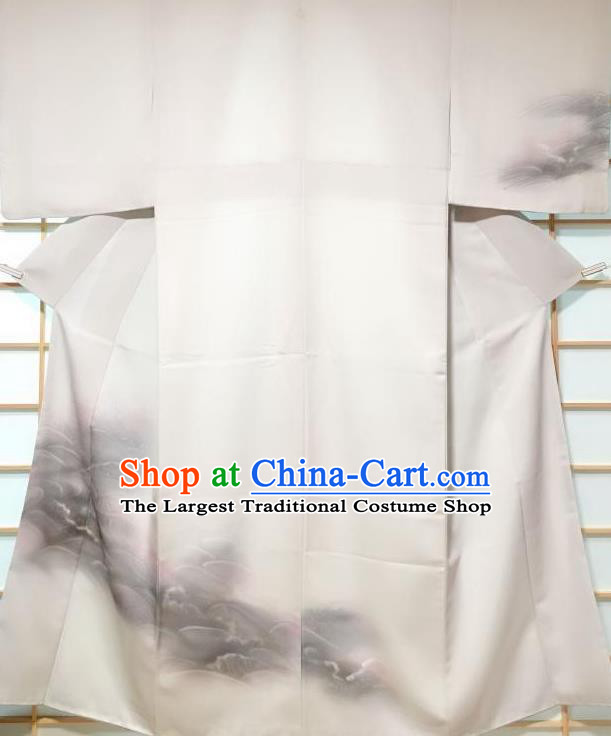 Japanese Classical Printing Grey Tsukesage Kimono Japan Traditional Yukata Dress Costume for Women