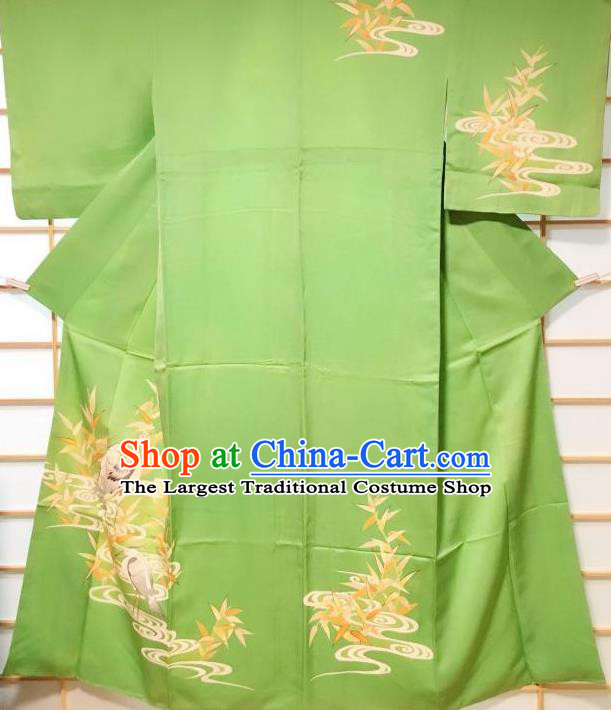 Japanese Classical Printing Egret Green Tsukesage Kimono Japan Traditional Yukata Dress Costume for Women