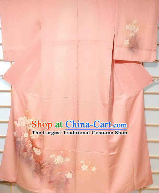 Japanese Classical Printing Mangnolia Pink Tsukesage Kimono Japan Traditional Yukata Dress Costume for Women
