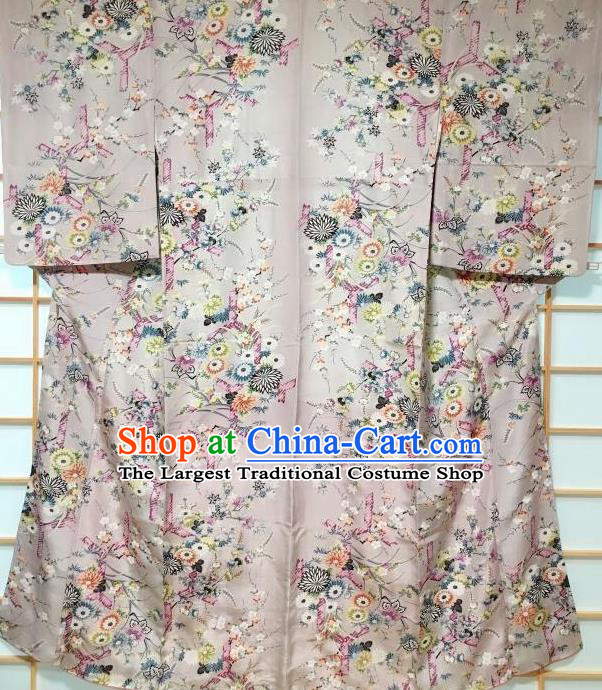 Japanese Classical Printing Chrysanthemum Grey Tsukesage Kimono Japan Traditional Yukata Dress Costume for Women