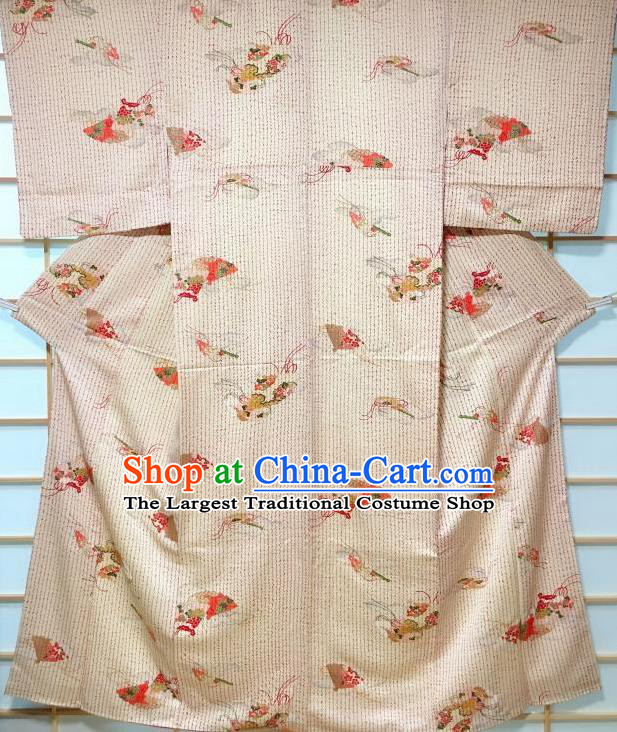 Japanese Classical Printing Apricot Tsukesage Kimono Japan Traditional Yukata Dress Costume for Women