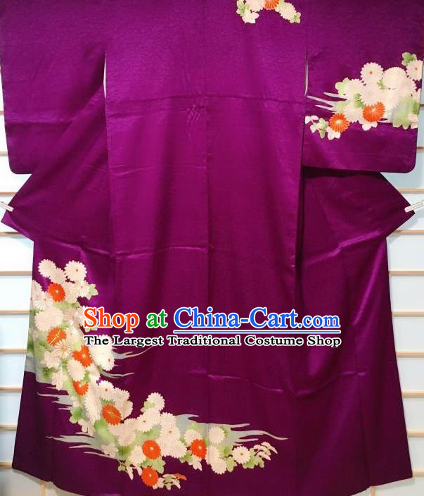 Japanese Classical Embroidered Chrysanthemum Pattern Purple Tsukesage Kimono Japan Traditional Yukata Dress Costume for Women