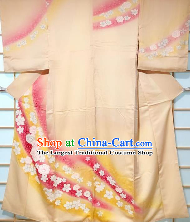 Japanese Classical Sakura Pattern Apricot Kimono Japan Traditional Yukata Dress Costume for Women