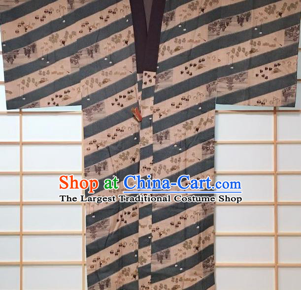 Traditional Japanese Ukiyoe Pattern Ginger Hanten Kimono Japan Yukata Costume for Men