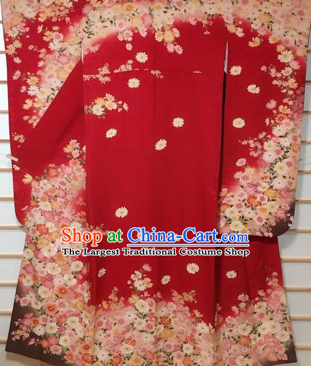 Japanese Classical Chrysanthemum Pattern Red Furisode Kimono Japan Traditional Yukata Dress Costume for Women