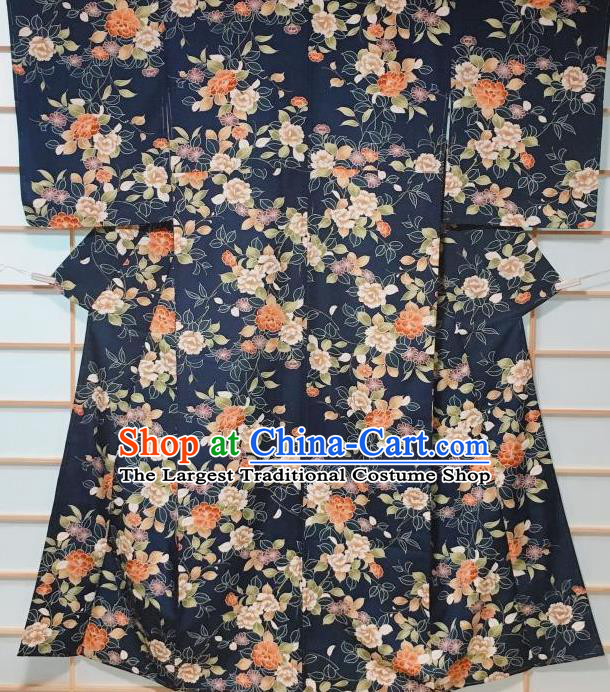 Japanese Classical Peony Chrysanthemum Pattern Navy Edo Komon Kimono Japan Traditional Yukata Dress Costume for Women