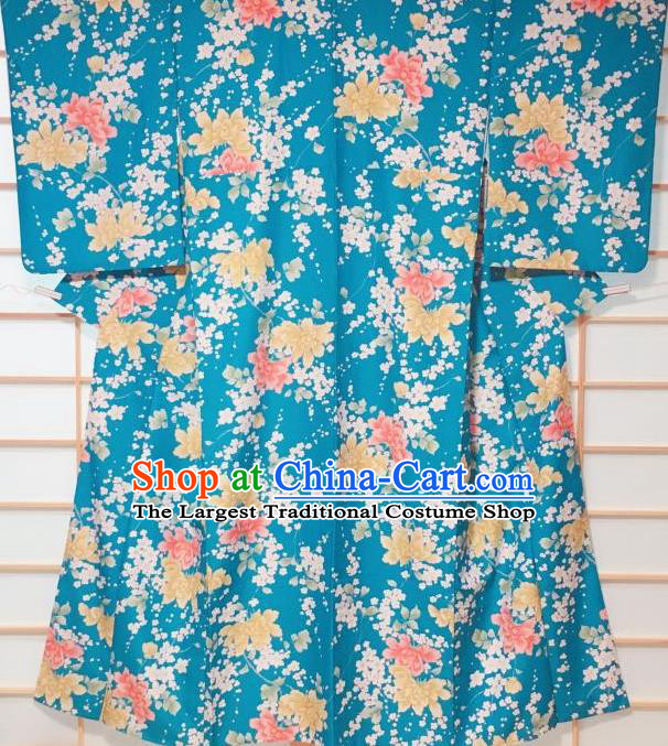 Japanese Classical Peony Pattern Blue Komon Kimono Japan Traditional Yukata Dress Costume for Women