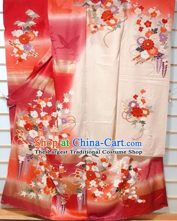 Japanese Classical Peony Crane Pattern Red Furisode Kimono Japan Traditional Yukata Dress Costume for Women