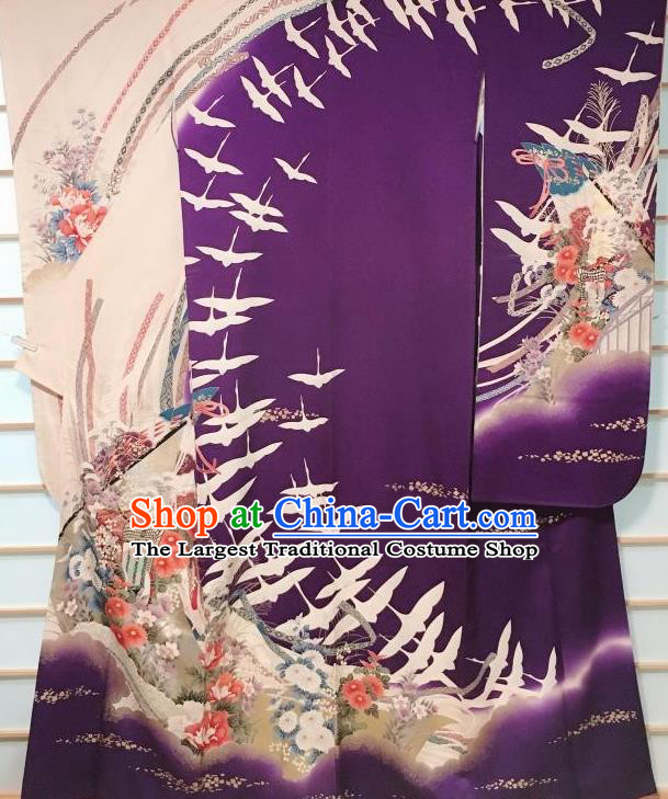 Japanese Classical Crane Chrysanthemum Pattern Purple Furisode Kimono Japan Traditional Yukata Dress Costume for Women
