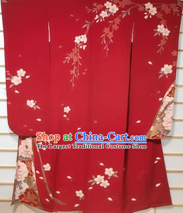 Japanese Classical Peony Pattern Red Furisode Kimono Japan Traditional Yukata Dress Costume for Women