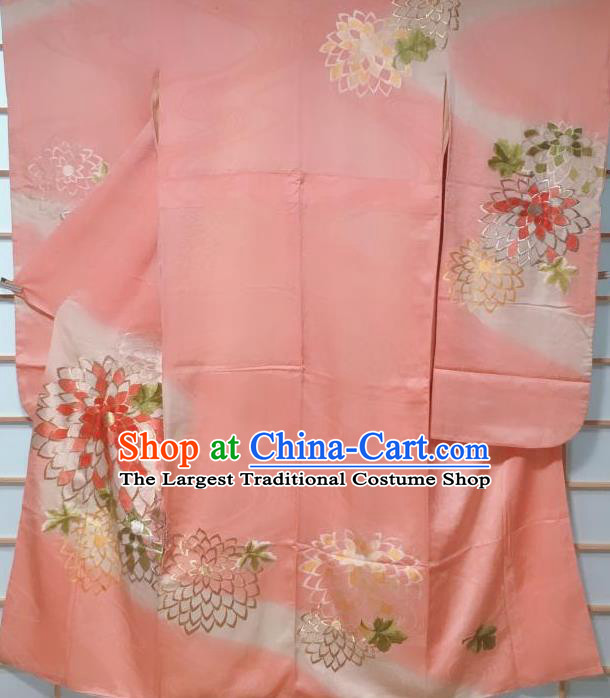 Japanese Classical Chrysanthemum Pattern Pink Furisode Kimono Japan Traditional Yukata Dress Costume for Women