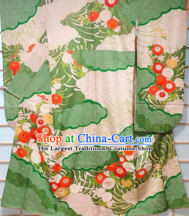 Japanese Classical Cloud Chrysanthemum Pattern Green Furisode Kimono Japan Traditional Yukata Dress Costume for Women